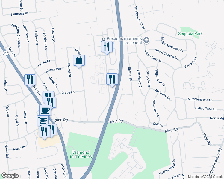 map of restaurants, bars, coffee shops, grocery stores, and more near 25 Gibbs Road in Coram