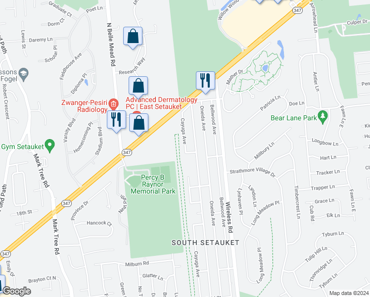 map of restaurants, bars, coffee shops, grocery stores, and more near 14 Cayuga Avenue in Centereach