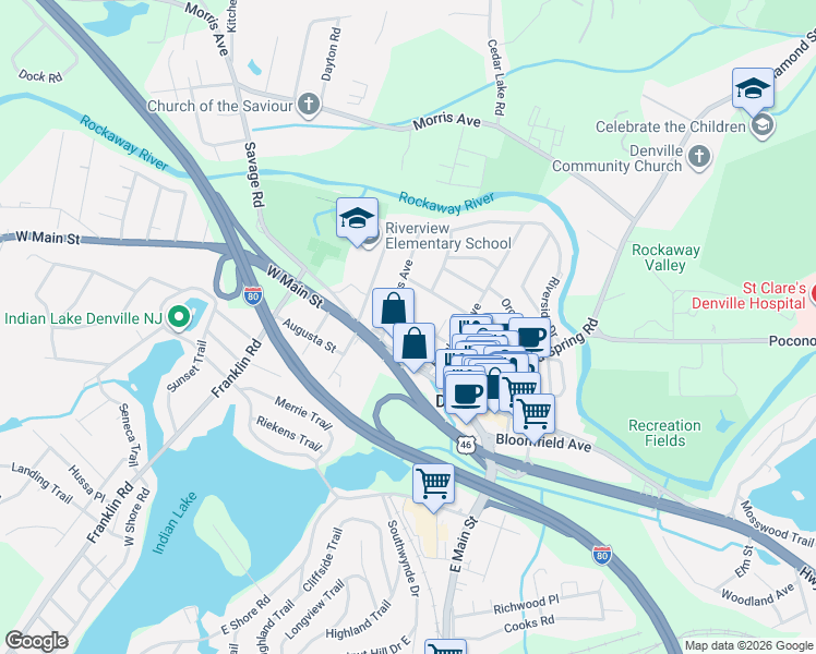 map of restaurants, bars, coffee shops, grocery stores, and more near 17 Hewetson Road in Denville