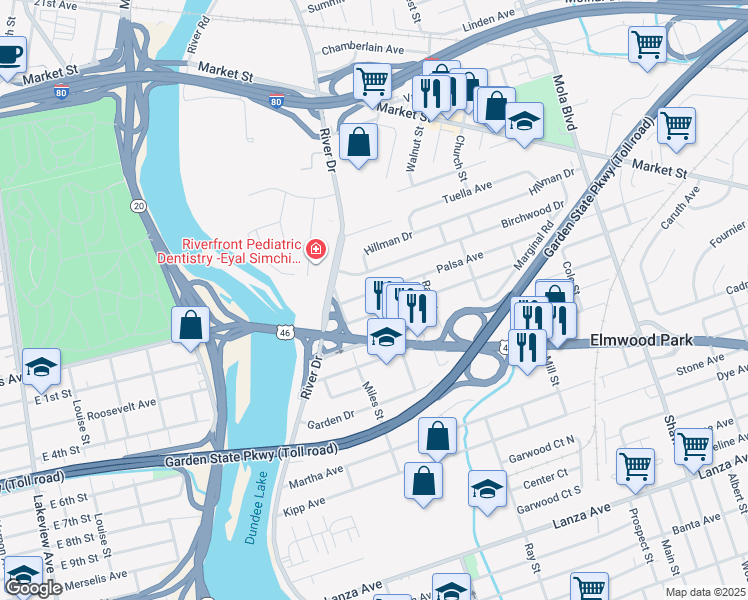 map of restaurants, bars, coffee shops, grocery stores, and more near 69 Fencsak Avenue in Elmwood Park