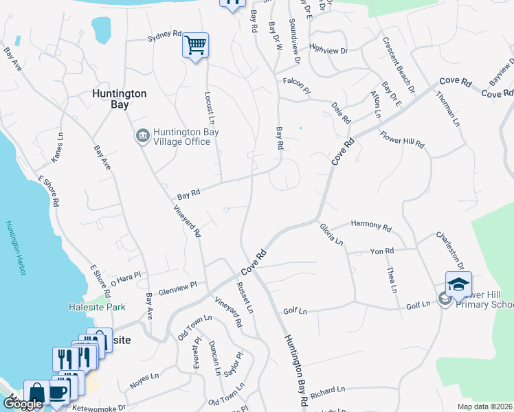 map of restaurants, bars, coffee shops, grocery stores, and more near 222 Huntington Bay Road in Huntington