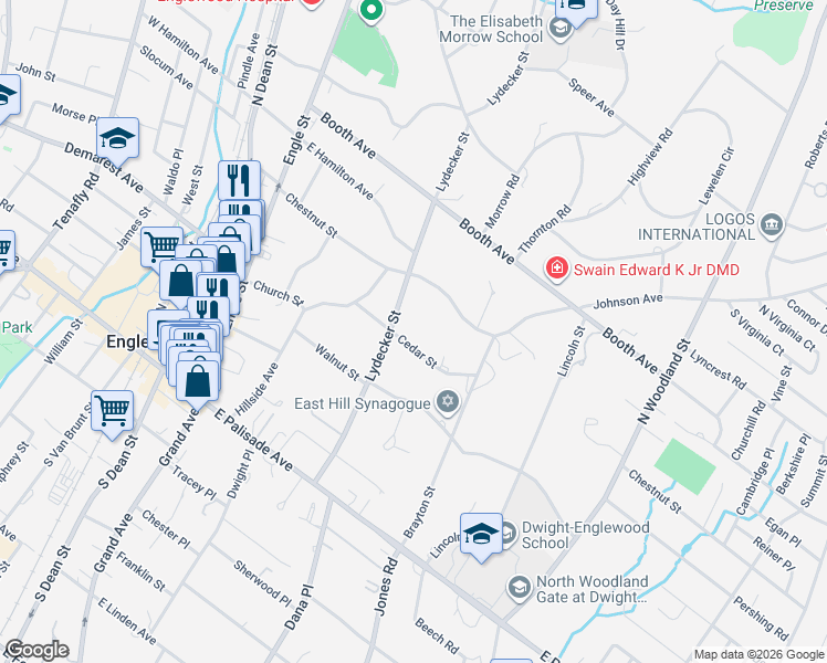 map of restaurants, bars, coffee shops, grocery stores, and more near 197 Cedar Street in Englewood