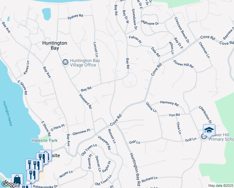 map of restaurants, bars, coffee shops, grocery stores, and more near 222 Huntington Bay Road in Huntington