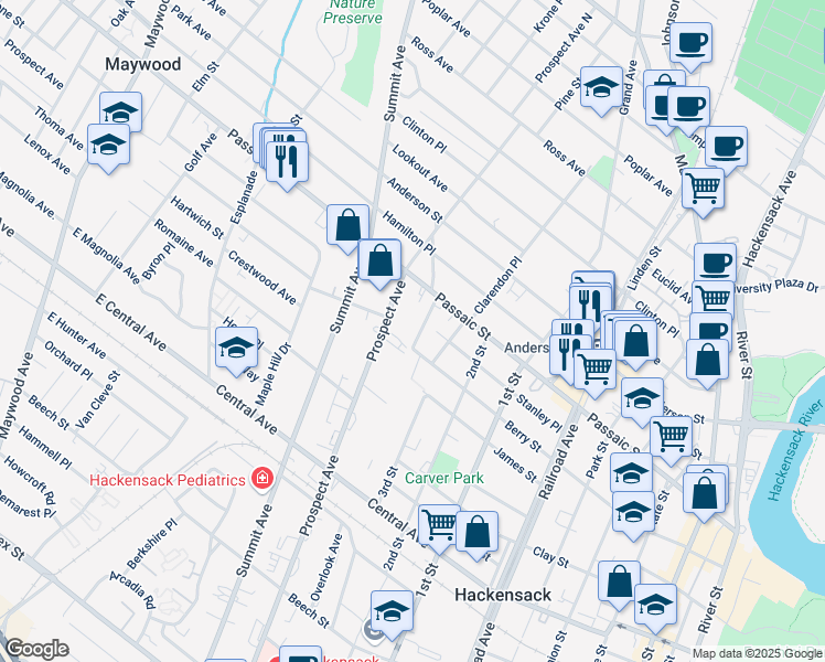 map of restaurants, bars, coffee shops, grocery stores, and more near 350 Prospect Avenue in Hackensack