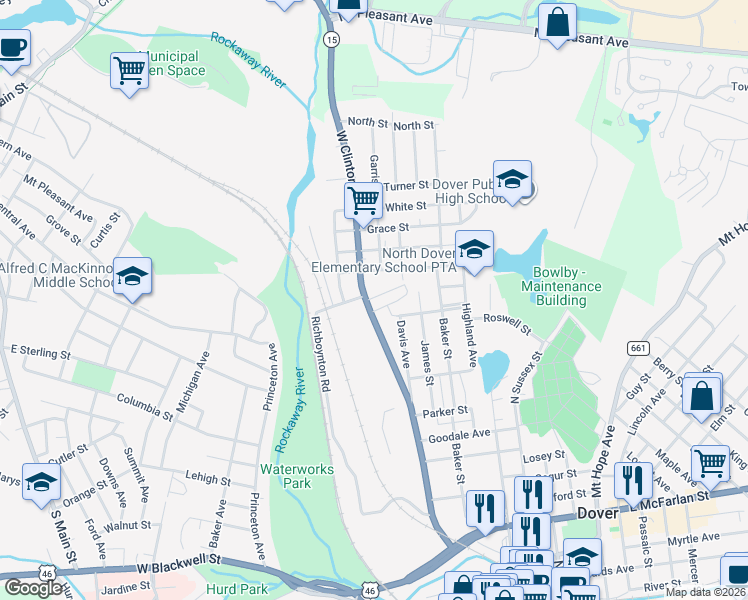 map of restaurants, bars, coffee shops, grocery stores, and more near 275 West Clinton Street in Dover