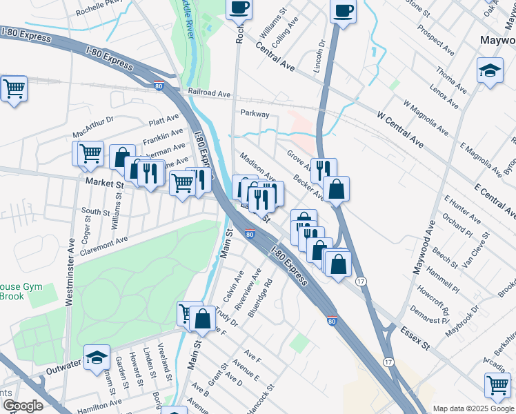 map of restaurants, bars, coffee shops, grocery stores, and more near 28 Essex Street in Lodi