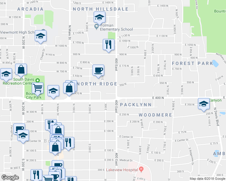 map of restaurants, bars, coffee shops, grocery stores, and more near 513 North 400 East in Bountiful