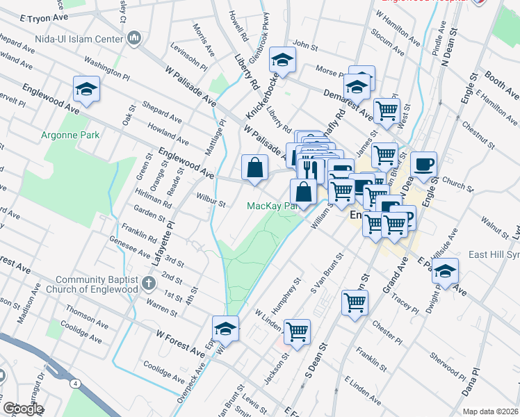 map of restaurants, bars, coffee shops, grocery stores, and more near 77 Elmore Avenue in Englewood