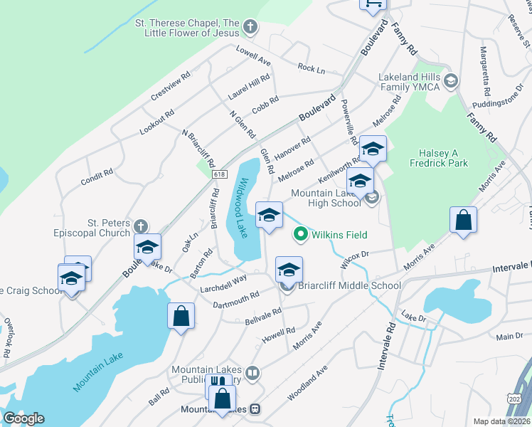 map of restaurants, bars, coffee shops, grocery stores, and more near in Mountain Lakes