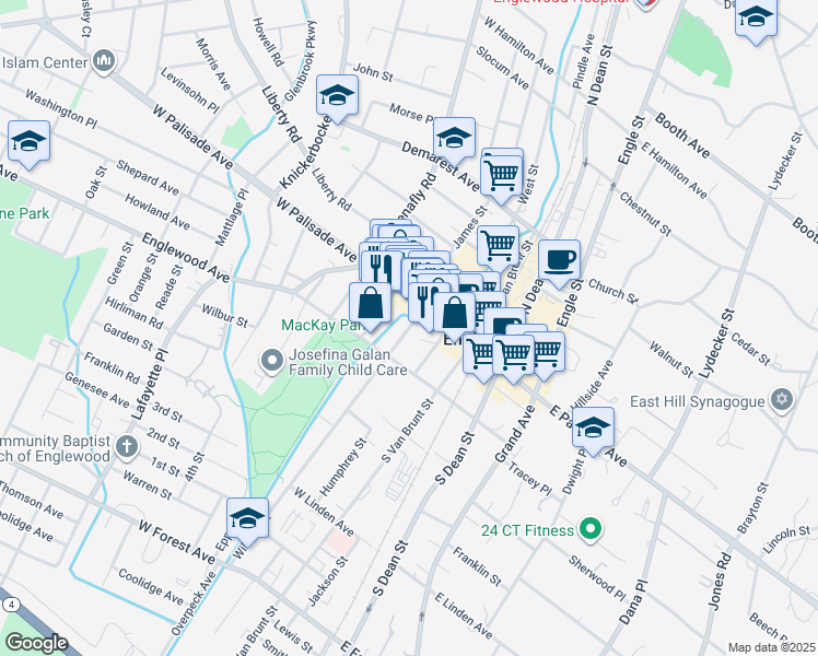 map of restaurants, bars, coffee shops, grocery stores, and more near 5 William Street in Englewood