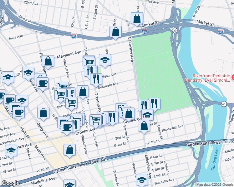 map of restaurants, bars, coffee shops, grocery stores, and more near Vernon Ave & Buffalo Ave in Paterson