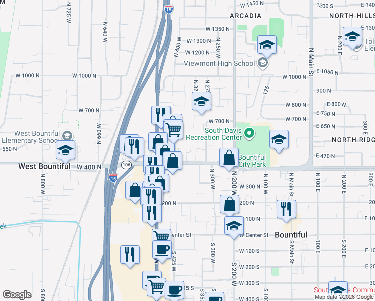 map of restaurants, bars, coffee shops, grocery stores, and more near 392 West 400 North in Bountiful