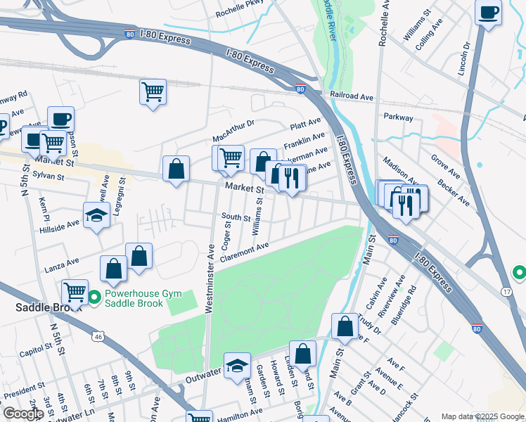 map of restaurants, bars, coffee shops, grocery stores, and more near 139 South Street in Saddle Brook