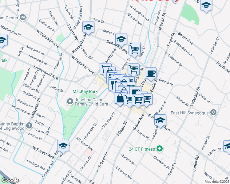 map of restaurants, bars, coffee shops, grocery stores, and more near 16 Humphrey Street in Englewood