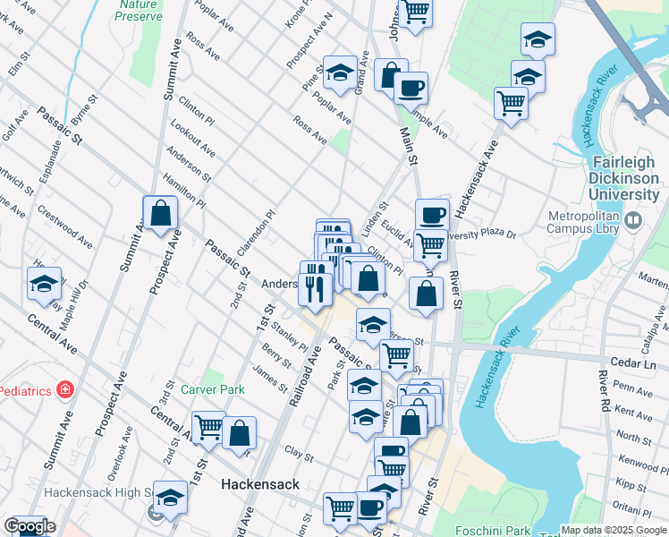 map of restaurants, bars, coffee shops, grocery stores, and more near 57 Linden Street in Hackensack