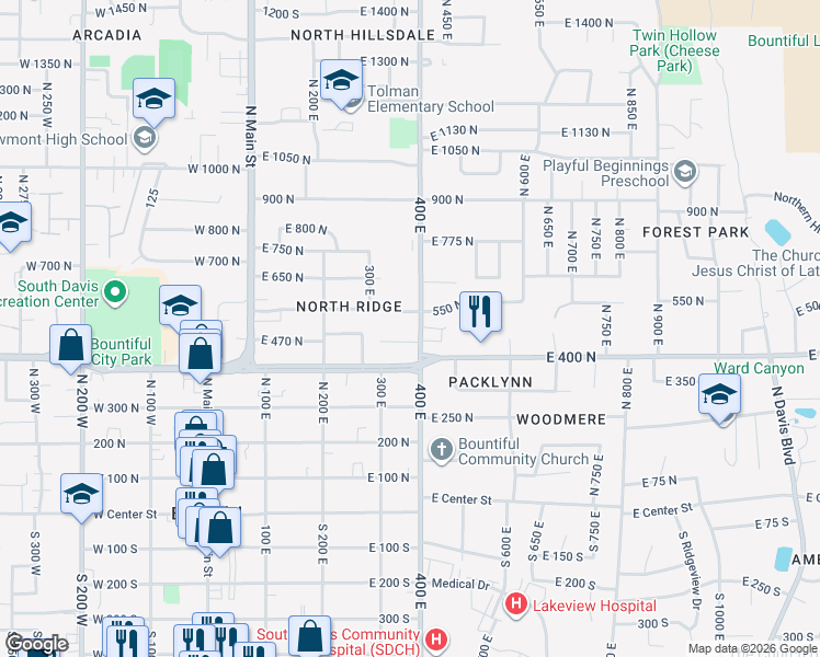 map of restaurants, bars, coffee shops, grocery stores, and more near 513 North 400 East in Bountiful