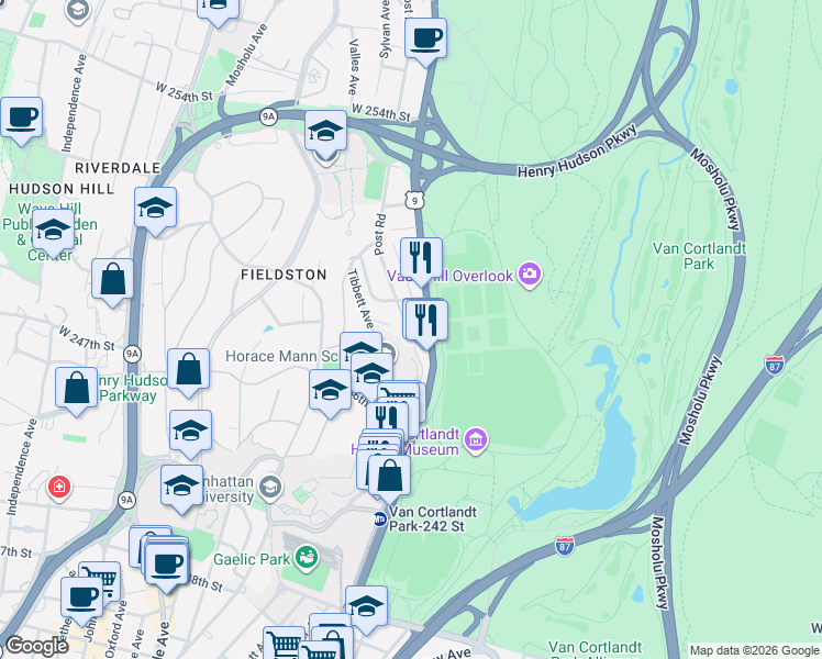 map of restaurants, bars, coffee shops, grocery stores, and more near 4708 Post Road in Bronx
