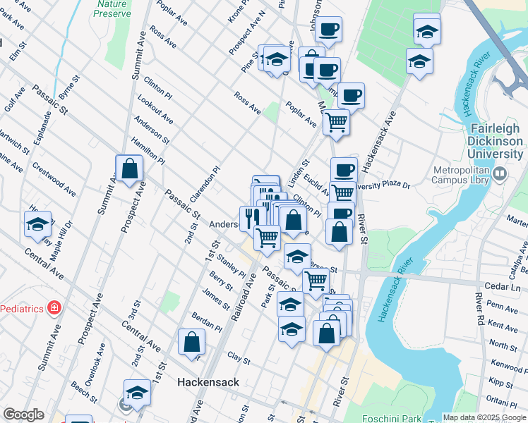map of restaurants, bars, coffee shops, grocery stores, and more near 50 Linden Street in Hackensack