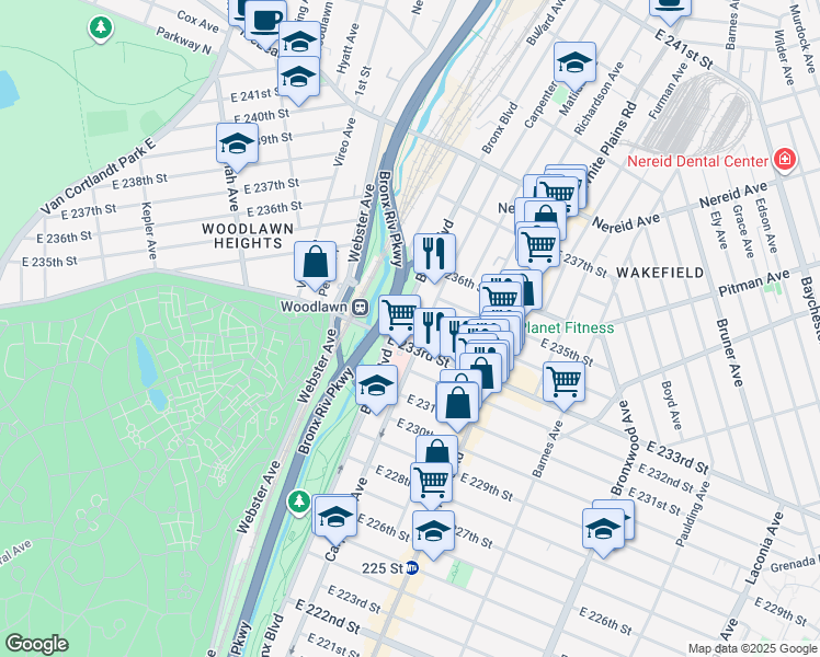 map of restaurants, bars, coffee shops, grocery stores, and more near 613 East 233rd Street in Bronx