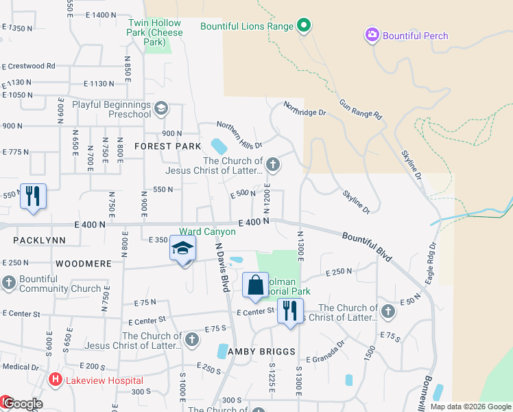 map of restaurants, bars, coffee shops, grocery stores, and more near 423 North 1150 East in Bountiful