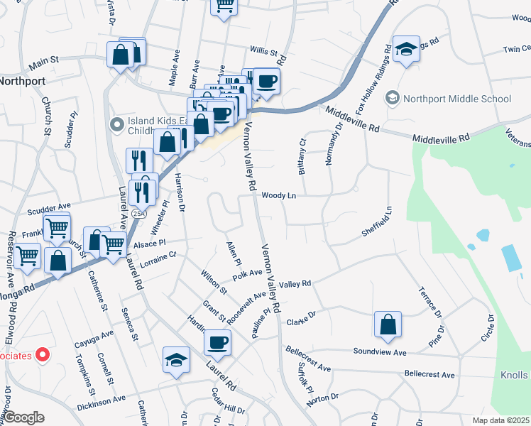 map of restaurants, bars, coffee shops, grocery stores, and more near 269 Vernon Valley Road in Northport