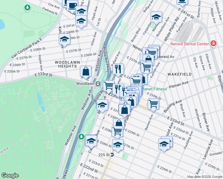 map of restaurants, bars, coffee shops, grocery stores, and more near 613 East 233rd Street in Bronx