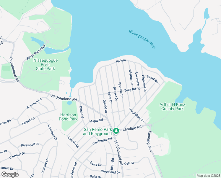 map of restaurants, bars, coffee shops, grocery stores, and more near 33 Tulip Road in Kings Park