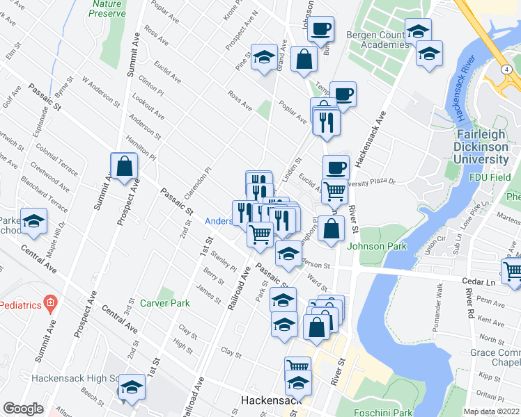 map of restaurants, bars, coffee shops, grocery stores, and more near 53 Linden St in Hackensack