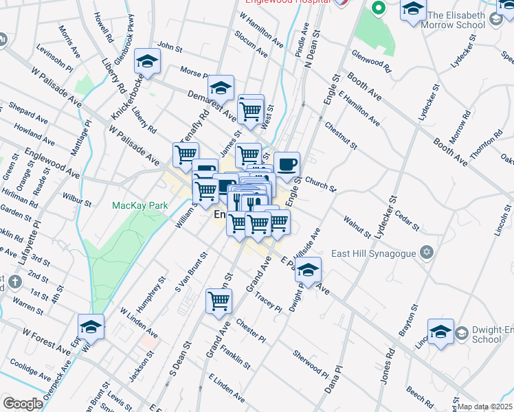 map of restaurants, bars, coffee shops, grocery stores, and more near 26 North Dean Street in Englewood