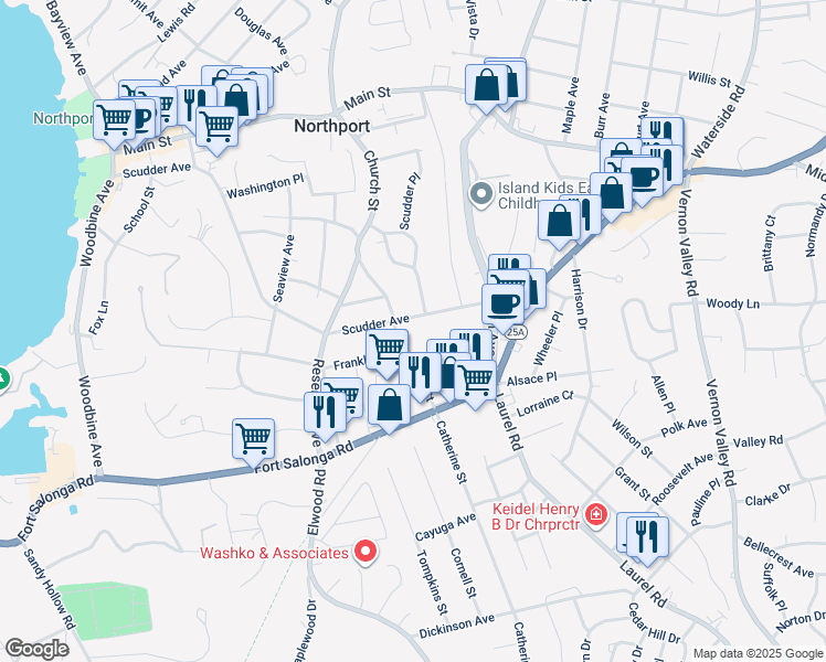 map of restaurants, bars, coffee shops, grocery stores, and more near 334 Scudder Avenue in Northport
