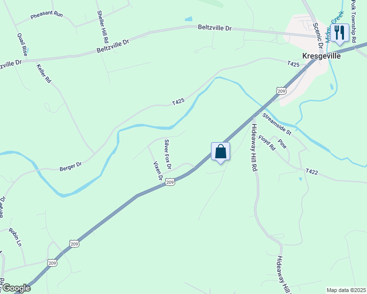 map of restaurants, bars, coffee shops, grocery stores, and more near in Kresgeville