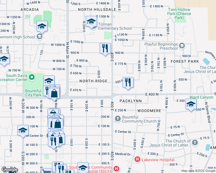 map of restaurants, bars, coffee shops, grocery stores, and more near 481 North 400 East in Bountiful