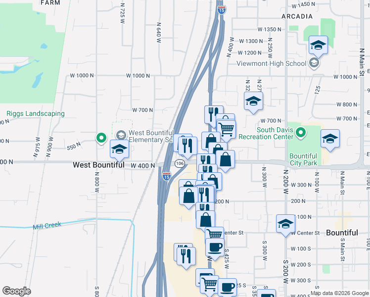 map of restaurants, bars, coffee shops, grocery stores, and more near 544 West 400 North in West Bountiful