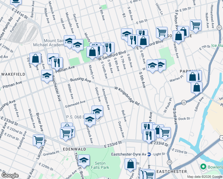 map of restaurants, bars, coffee shops, grocery stores, and more near 12 Bell Avenue in Mount Vernon
