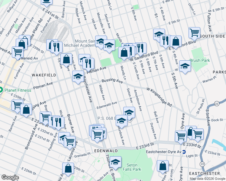 map of restaurants, bars, coffee shops, grocery stores, and more near 4127A Hill Avenue in The Bronx
