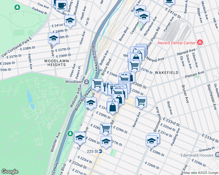 map of restaurants, bars, coffee shops, grocery stores, and more near 658 East 234th Street in The Bronx