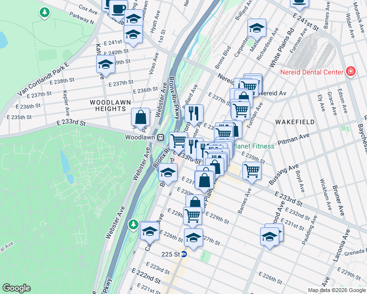 map of restaurants, bars, coffee shops, grocery stores, and more near 627 East 233rd Street in Bronx