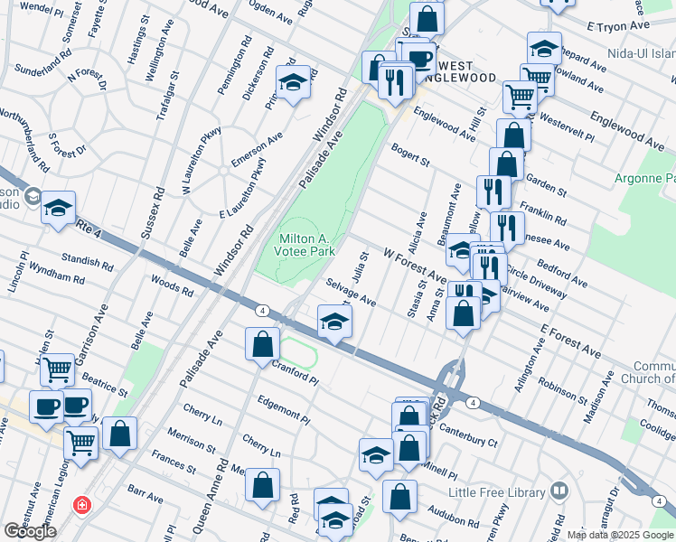 map of restaurants, bars, coffee shops, grocery stores, and more near 185 Selvage Avenue in Teaneck