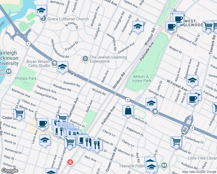 map of restaurants, bars, coffee shops, grocery stores, and more near 401 Woods Road in Teaneck