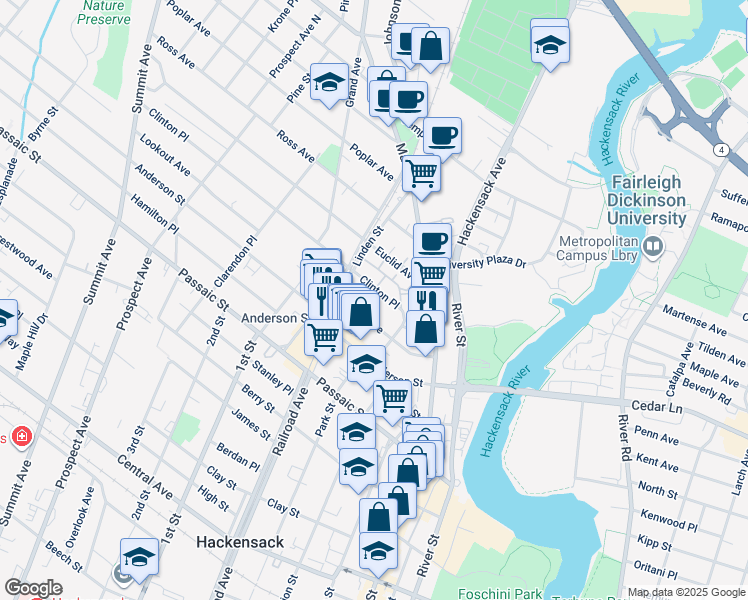 map of restaurants, bars, coffee shops, grocery stores, and more near 43 Clinton Place in Hackensack