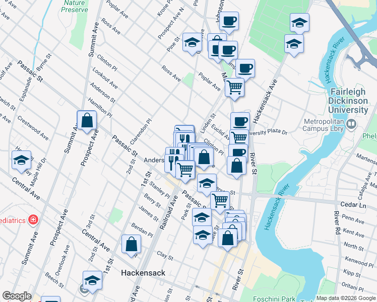 map of restaurants, bars, coffee shops, grocery stores, and more near 50 Linden Street in Hackensack