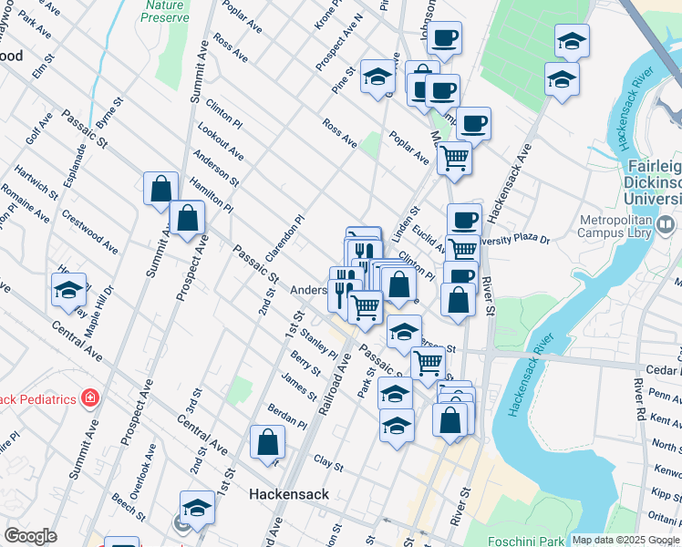 map of restaurants, bars, coffee shops, grocery stores, and more near 28 Vanderbeck Place in Hackensack