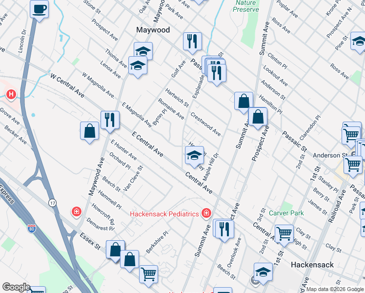 map of restaurants, bars, coffee shops, grocery stores, and more near 250 Moore Street in Hackensack