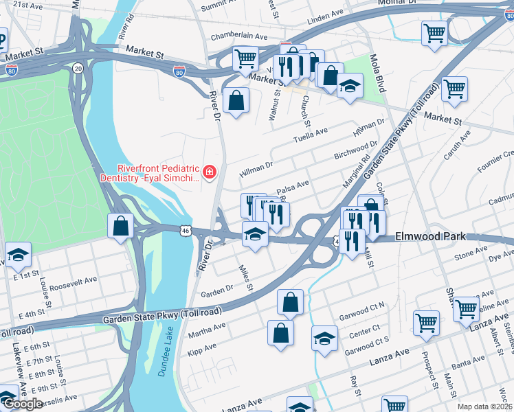 map of restaurants, bars, coffee shops, grocery stores, and more near 69 Fencsak Avenue in Elmwood Park