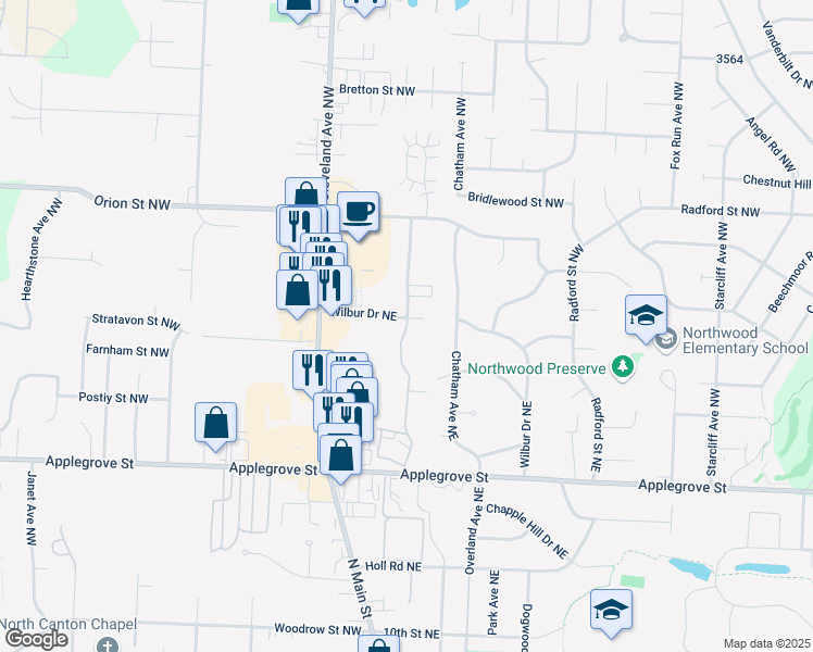 map of restaurants, bars, coffee shops, grocery stores, and more near 1685 Beechwood Avenue Northeast in North Canton
