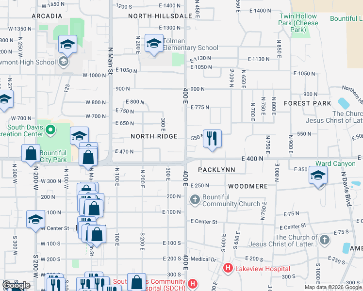 map of restaurants, bars, coffee shops, grocery stores, and more near 481 North 400 East in Bountiful