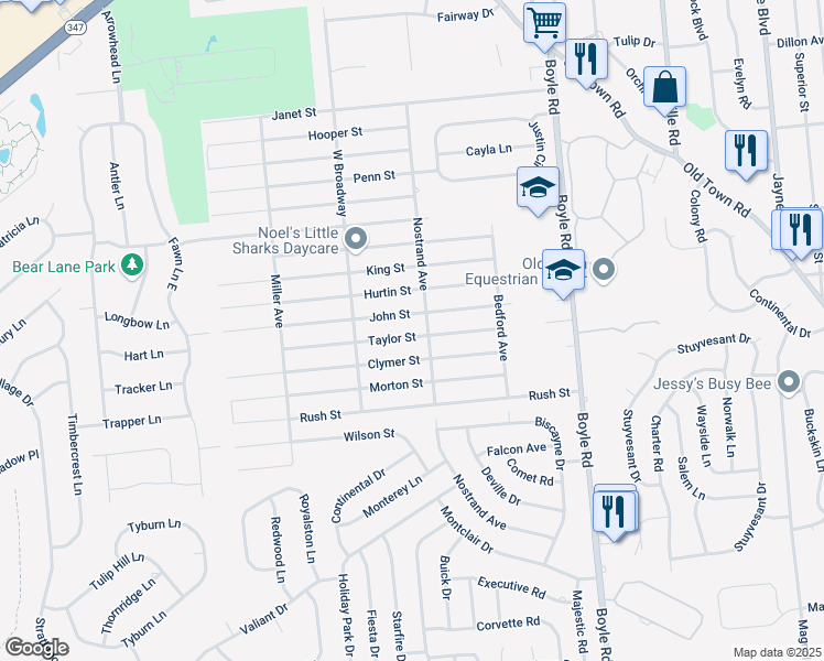 map of restaurants, bars, coffee shops, grocery stores, and more near 34 Taylor Street in Port Jefferson Station