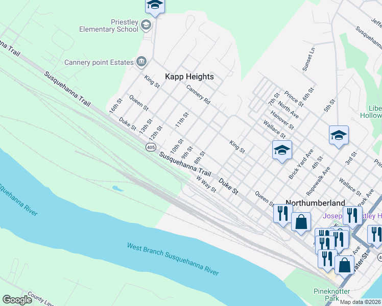 map of restaurants, bars, coffee shops, grocery stores, and more near 155 8th Street in Northumberland