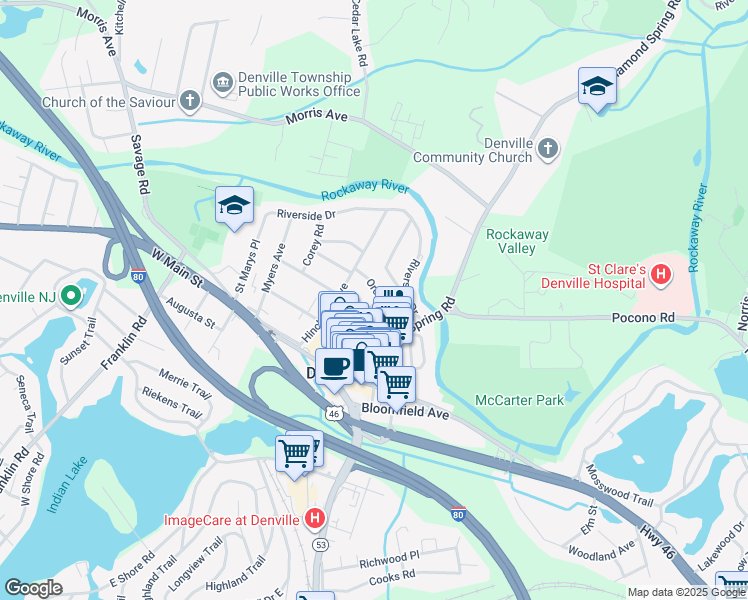 map of restaurants, bars, coffee shops, grocery stores, and more near 7 Orchard Street in Denville