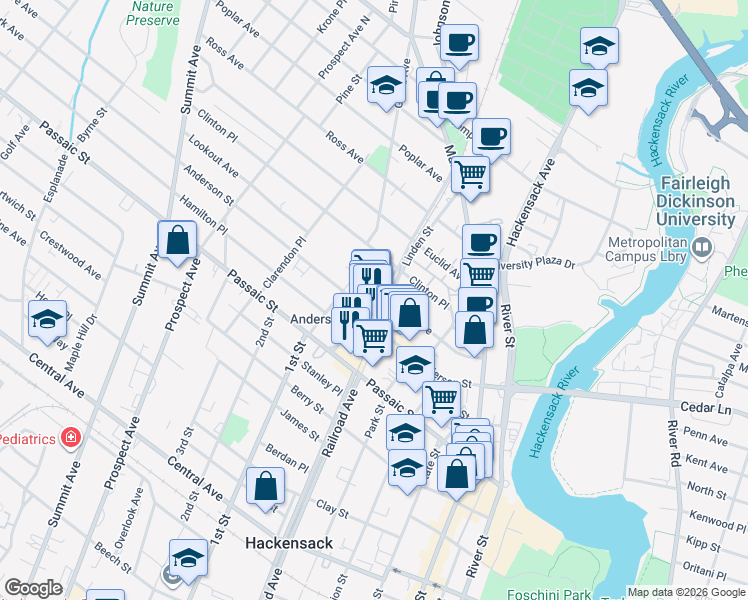 map of restaurants, bars, coffee shops, grocery stores, and more near 55 Linden St in Hackensack